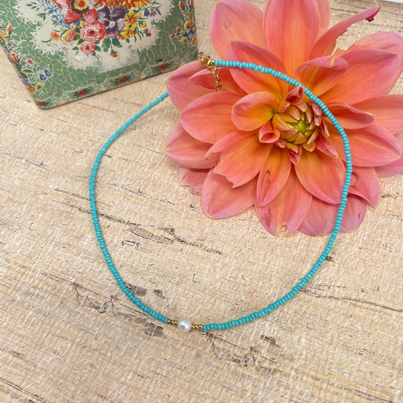 Madam P Choker 16"Turquoise Pearl Seebead Necklace - Picture 3 of 10